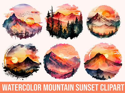 watercolor mountain sunset bundle bundle retro sunset vintage watercolor mountain
