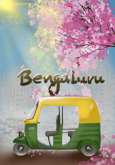 Bengaluru - Cherry Blossoms animation auto rickshaw bengaluru cherry blossoms design graphic design illustration pro procreate ui