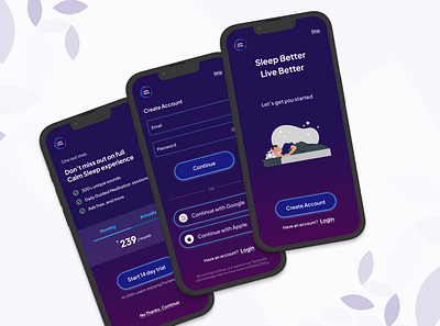 Calm Sleep Onboarding branding design figma mockups onboarding prototype signup ui