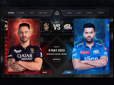 IPL 2023 cricket fans darktheme design glassmorphism gradient interactive ipl rivalry week ipl2023 playerprofile rcbvsmi sharp edges ui web website design