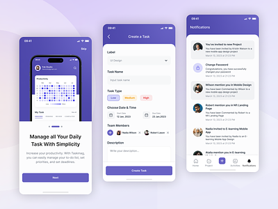 WorkMate - Onboarding, Create Task and Notifications app calendar design management mobile app onboarding project project manager task task app task manager team to do list todo ui ui design ux