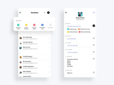 ProtonMail - All your contacts in one place app design ui ux