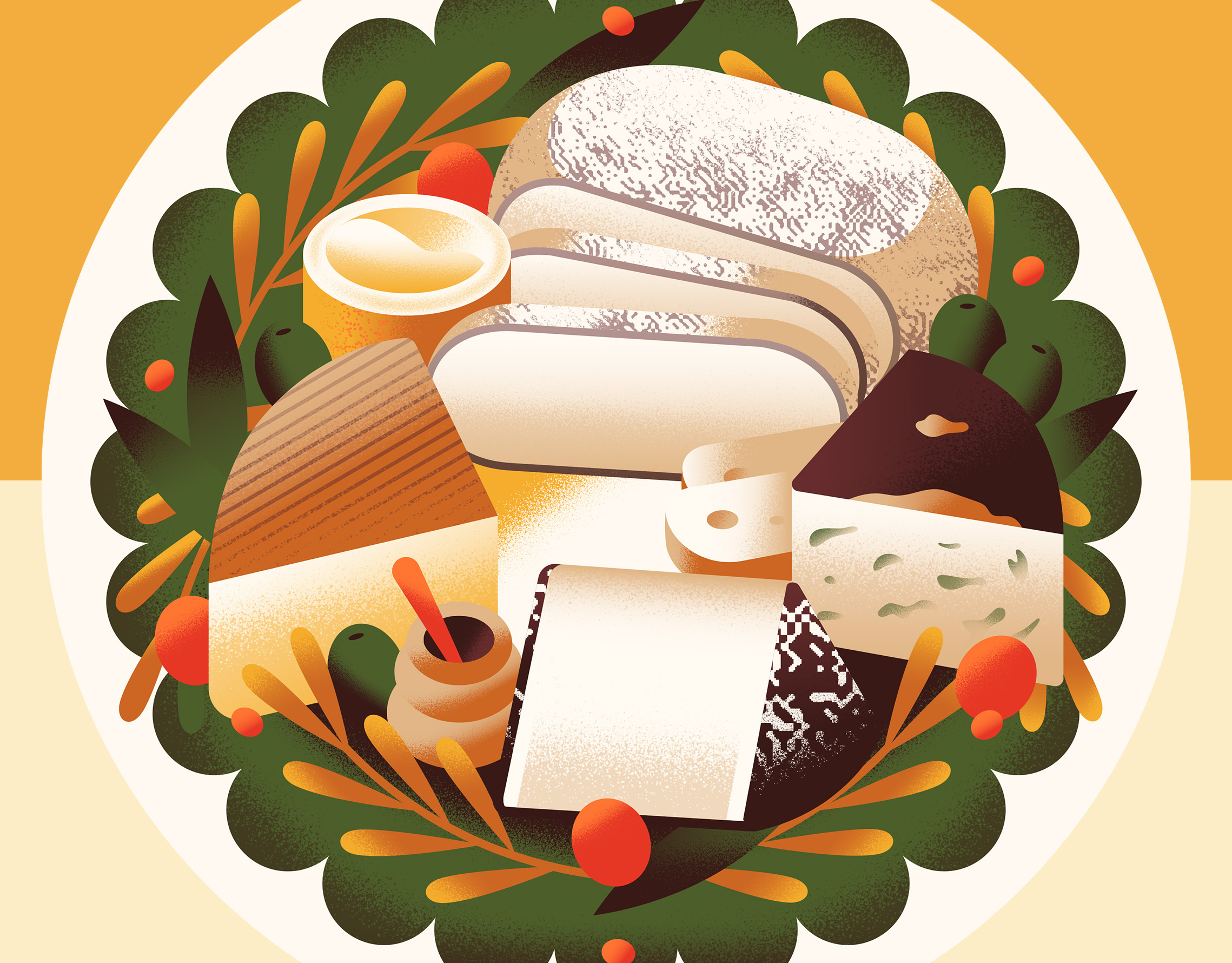 Spanish Cheese Editorial appetizer bright brown cheese cow editorial flat food gradient icon illustration magazine milk minimal orange simple spot texture vector yellow