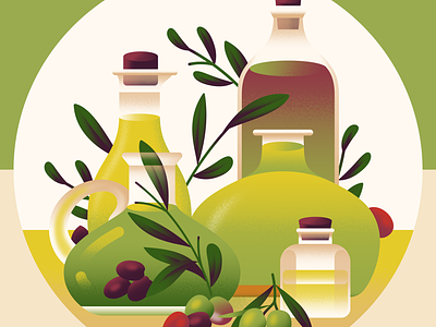 Spanish Olive Oil Editorial article bright cooking editorial flat gradient green icon illustration leaf minimal olive oil olives plant recipe simple spot texture vector yellow