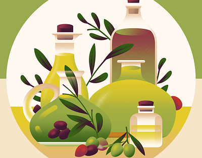 Spanish Olive Oil Editorial article bright cooking editorial flat gradient green icon illustration leaf minimal olive oil olives plant recipe simple spot texture vector yellow