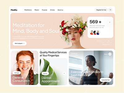 MediKa - Meditation Website body design dzen healthcare landing page medicine meditation mindfullness minimal mood personal care product saas startup treatment ui ux web webdesign website wellness