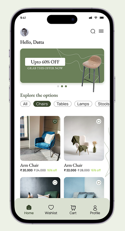 Home page for furniture store design mobile application mockup ui visual design