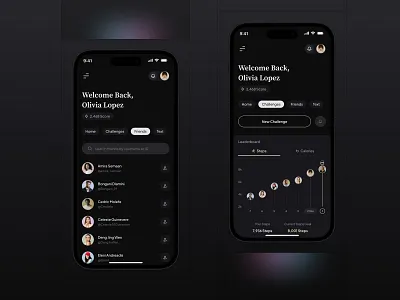 Friends 🤝 & Challenges 💪 app friend list leaderboard minimal mobile ui