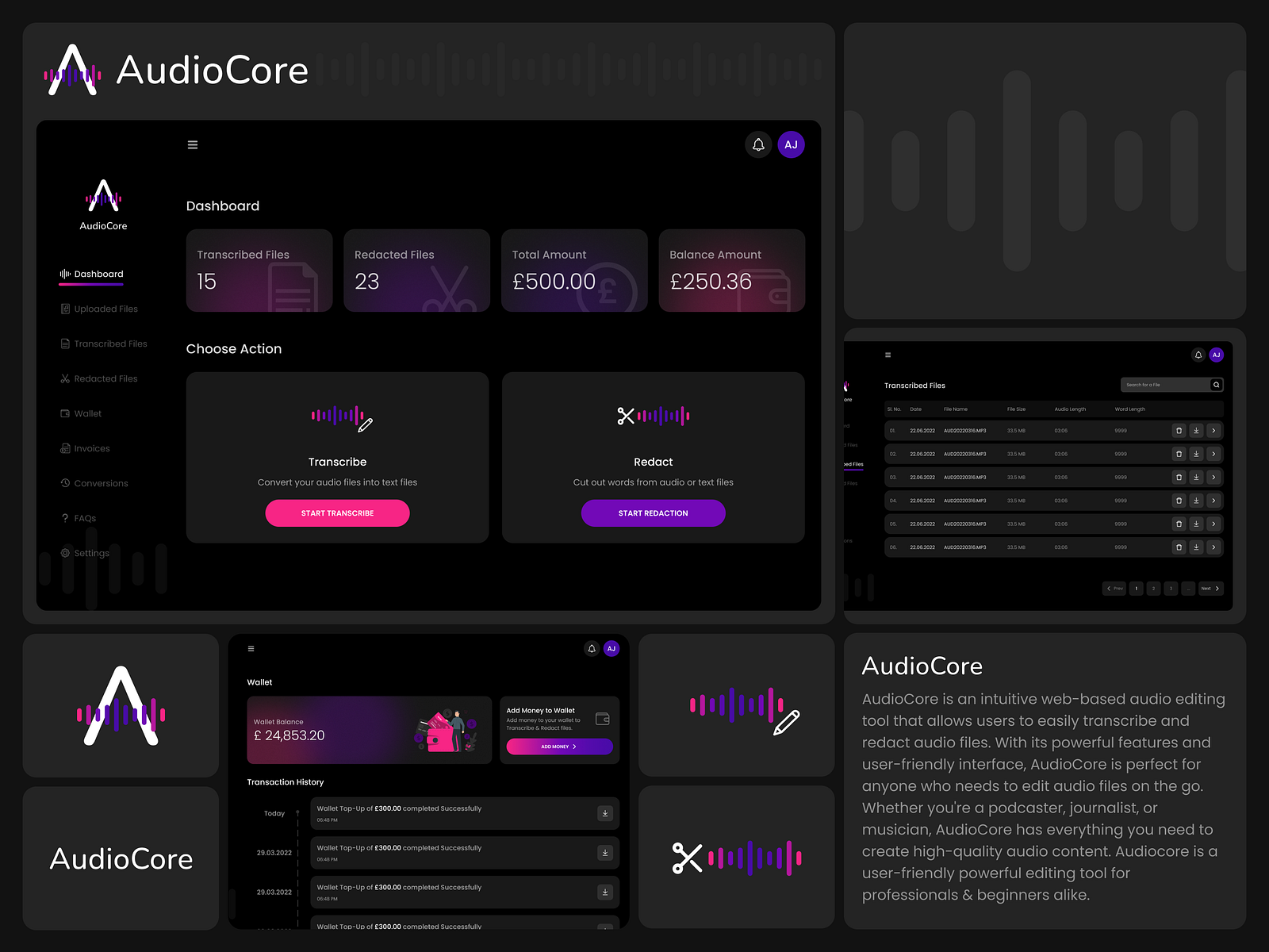 AudioCore Audio Editing  App site Design by Bazim Nubail on