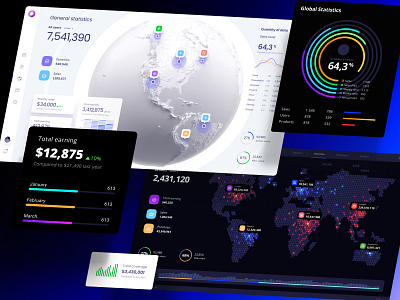 data visualization in light and dark themes card chart components crypto dashboard dataviz design desktop finance hex illustration infographic location pin planet statistic tech template trend web3