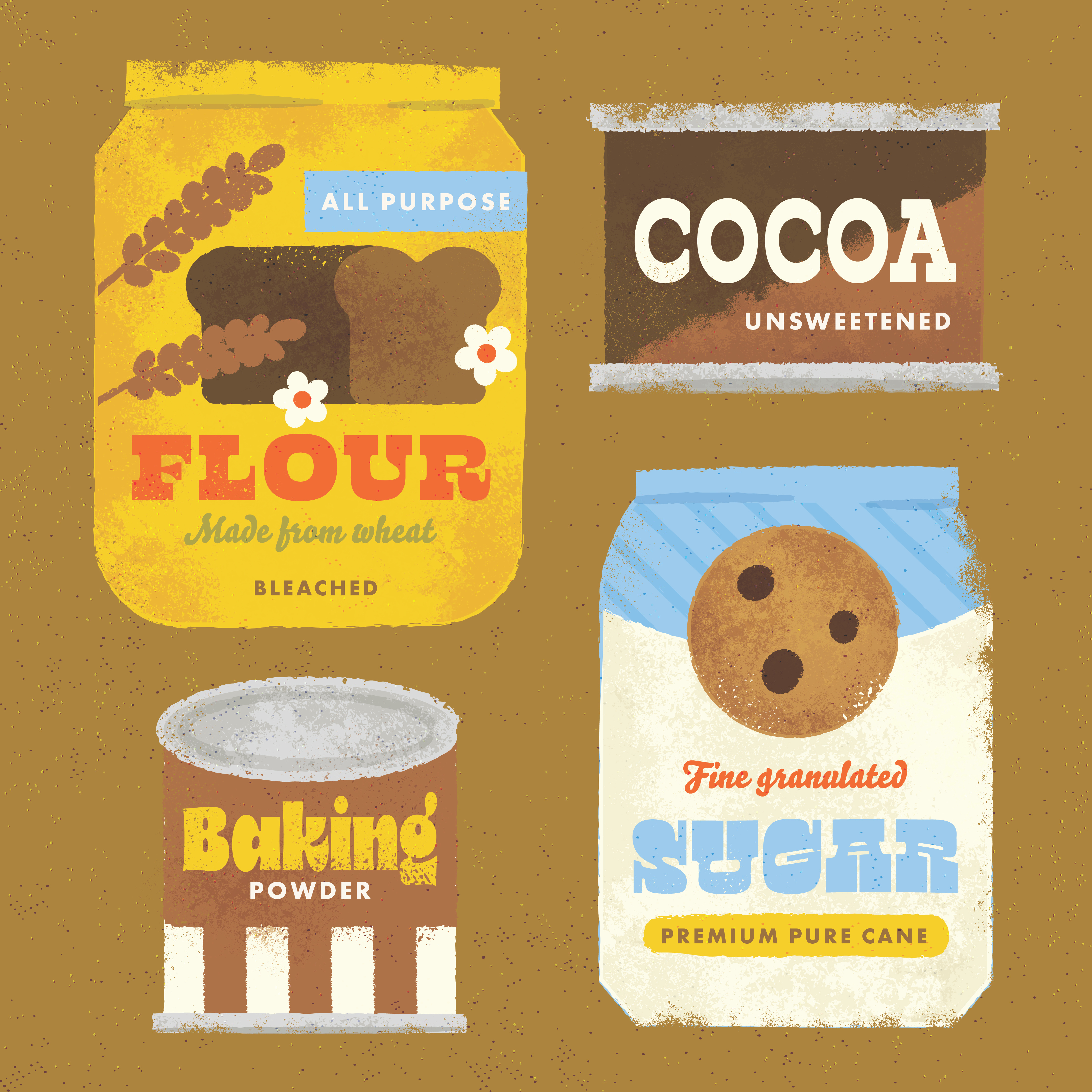 Baking ingredients baking bread chocolate cocoa cookies cooking dessert flour flowers ingredients packaging design retro sugar wheat