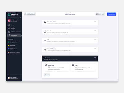 Workflow builder - draft mode design integration integrationhub integrations nielsjoop no code productdesign userresearch uxdesign visualdesign workflow workflowbuilder