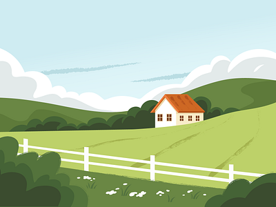 Rural landscape with house bush farm flat green house illustration mountain rural sky vector