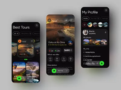 Travel app app booking card catalog dark design graphic design hotel nature profile slider travel trip ui ux web webdesign