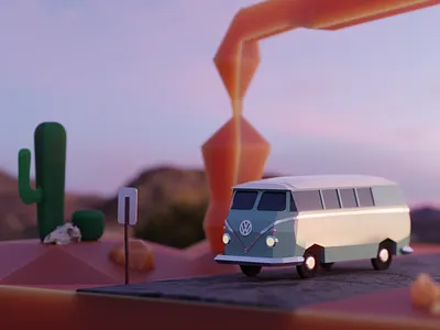 Low-Poly VW Bus Scene - Blender Studies 001 3d 3d model 3d scene blender bus car low poly lowpoly render truck van vintage volkswagen vw vw bus
