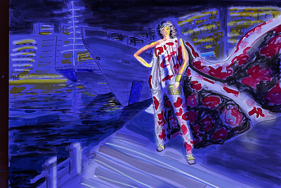 MichaelKors picture_The wind blows at night in the port on heels blue ecoline gouache illustration michael kors models pentel101 photoshop yellow