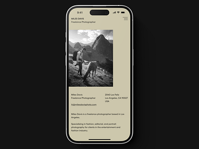 Miles Davis About Page (Mobile) about page clean design ios ios design layout minimal minimalism mobile mobile design modern portfolio ui ui design ui ux design uiux user interface ux white space whitespace
