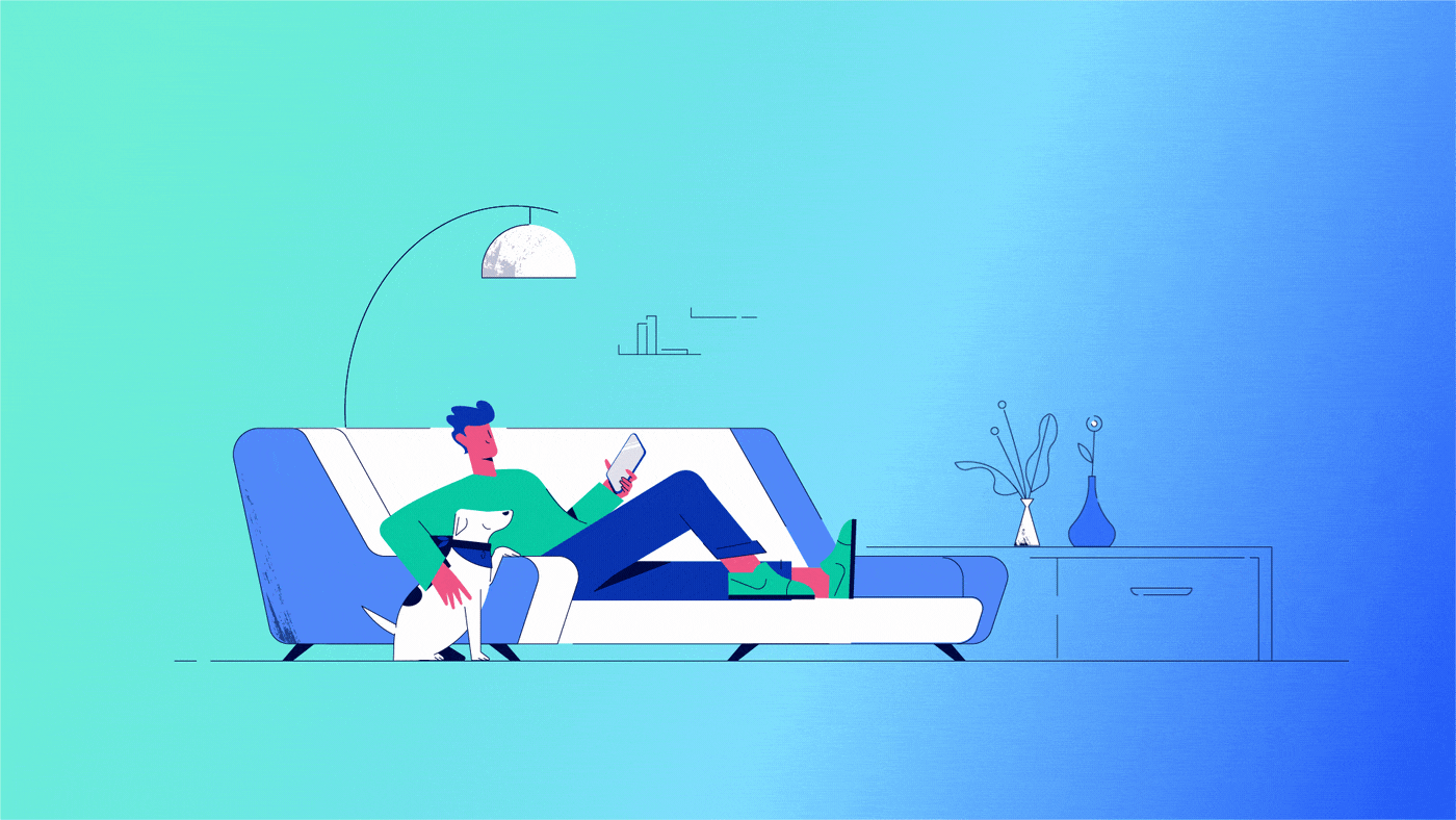Chill with a dog | Wonderbloom 2d animation 2d character animation character chill chilling cookie dog explainer video hearts illustration likes man motion animation motion design motion graphics pet puppy room sofa