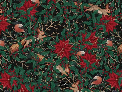 CHRISTMAS FOREST - patterns & motifs animals birds branding design drawing fabric design floral flowers forest graphic design hand drawn illustration pattern pattern design plants poinsettia seamless pattern textile design wallpaper winter