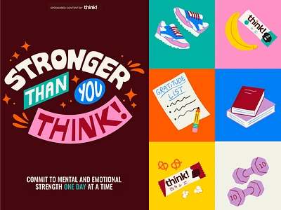 "Stronger Than You Think!" Lettering and Spot Illo's campaign dumbbell emotional fitness gratitude hand lettering health healthy illustration lettering mental nature nutrition outdoors run spot illustration strength walk wellness workout