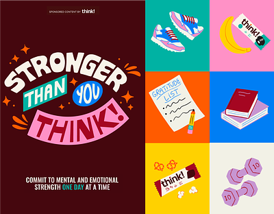 "Stronger Than You Think!" Lettering and Spot Illo's campaign dumbbell emotional fitness gratitude hand lettering health healthy illustration lettering mental nature nutrition outdoors run spot illustration strength walk wellness workout