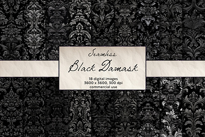 Black Damask Seamless Pattern, Digital Art