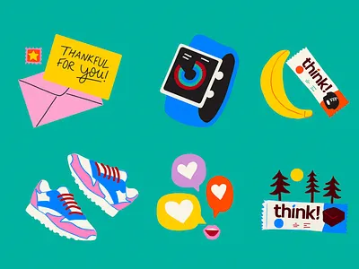 Wellness Spot Illustrations 2 apple watch colorful emotional health fitness food gratitude health hiking holistic illustration kindness mental health modern nutrition protein bar run spot illustration think bar walk wellness