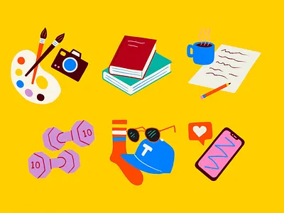 Wellness Spot Illustrations 3 balance books camera creative creativity dumbbell fashion fitness health hobbies hobby holistic journal love mental heatlh read reflection strength training wellness workout