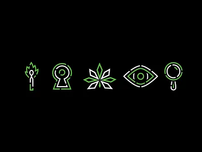 Bootleg Society Icons cannabis eye icons keyhole leaf magnifying glass marijuana match matchstick mystery prohibition weed
