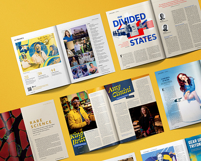 UCSD Magazine Spring 23 Spreads branding color design editorial education healthcare illustration layout magazine music photography publication science university voting yellow