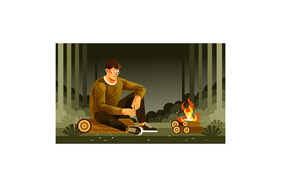 Young Man Sitting at a Campfire hiking