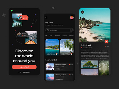 Travel Booking Mobile Application app application book booking dark app design discover drak explore figma mobile online package price theme tour trip ui ux world