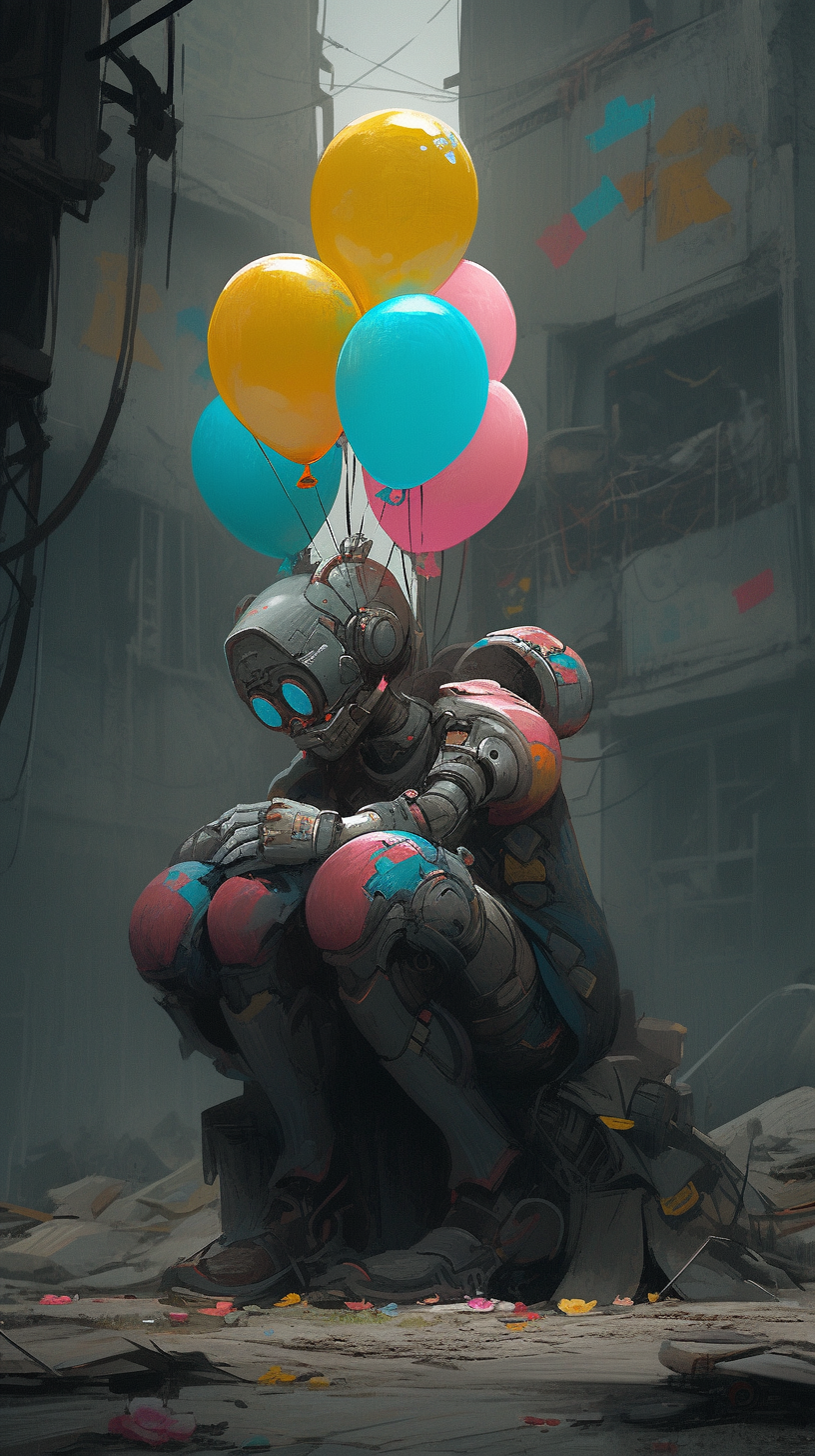 A cyberpunk robot and colorful balloons 3d balloons cinema4d cyberpunk design futurist graphic design illustration illustrator robot