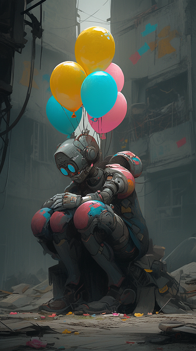 A cyberpunk robot and colorful balloons 3d balloons cinema4d cyberpunk design futurist graphic design illustration illustrator robot