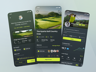 Avid - Notification, Round, and Public Profile android chart dark mode design gameplay golf app golf hole golf match golf play golf round invitation ios mobile app modern play profile score app sport app ui ux
