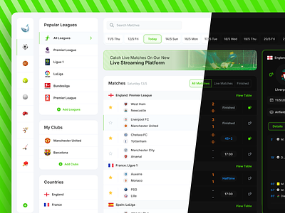 SportWatch - Live Score App app application clean clubs dashboard design football live score matches soccer sport results sports teams ui uiux ux web