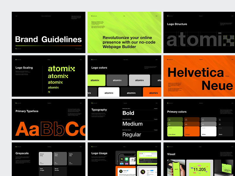 Atomix - Branding Identity 3d black brand guidelines branding branding identitiy design graphic design illustration lime green logo logo mark mockup orange ui ui design