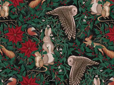 CHRISTMAS FOREST - patterns & motifs animals birds branding childrens design drawing floral flower forest graphic design hare illustration mouse owl pattern pattern design plants rabbit seamless pattern wallpaper