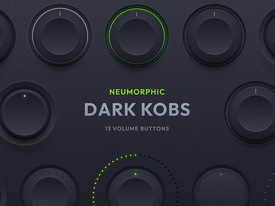 Neumorphic Dark Volume Knobs 3d app audio black clean dark design green icon kit knob led neumorphism plugin skeuomorphism texture ui volume vst