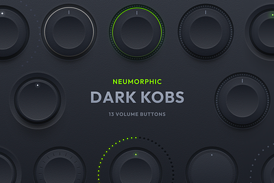 Neumorphic Dark Volume Knobs 3d app audio black clean dark design green icon kit knob led neumorphism plugin skeuomorphism texture ui volume vst