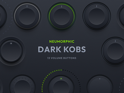 Neumorphic Dark Volume Knobs 3d app audio black clean dark design green icon kit knob led neumorphism plugin skeuomorphism texture ui volume vst