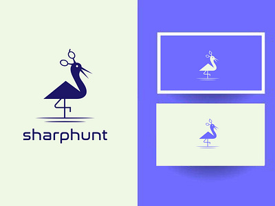 Sharphunt hunting heron logo with scissors aquatic clean coastal dynamic efficiency egret heron maritime nautical oceanic professional quality resourceful seaside soaring tranquil ui