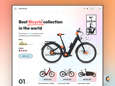 Velo Bicycle: Ecommerce Hero Section bicycle branding button design buy cart design e commerce figma gradient color graphic design header design hero section logo mesh gradient product list product page shopify typography ui ux design web design