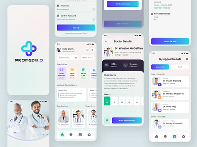 Promed Healthcare - App Design 3d animation appointments branding design doctor graphic design healthcare hospital managament illustration mobile app ui ui design vector web design