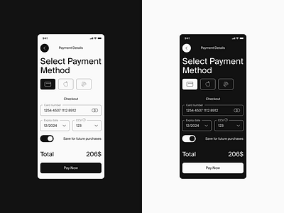 Сredit card checkout page – Daily UI Challenge #002 app application buy checkout darktheme design ecommerce finance interface lighttheme mobile payment shopping typography ui