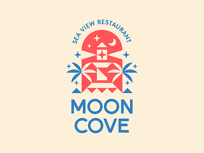 Moon Cove branding lighthouse logo moon ocean palm restaurant sea star vector