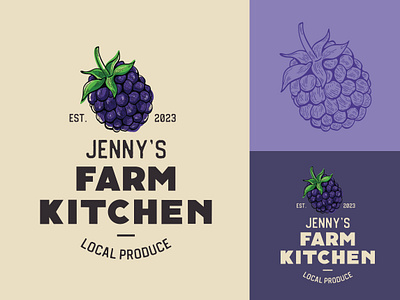 Jenny's Farm Kitchen Logo blackberry blackberry logo brand branding creative engraving etching fruit graphic design illustration line work local logo logo design logo mark logotype minimal organic organic logo wood carving