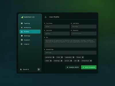 User Profile UI dark theme design figma gardening ipad menu tablet ui