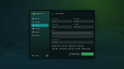 User Profile UI dark theme design figma gardening ipad menu tablet ui
