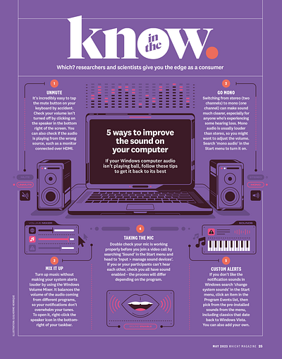 5 ways to improve the sound on your computer (Which? Magazine) illustration infographic notebook sound speaker waves